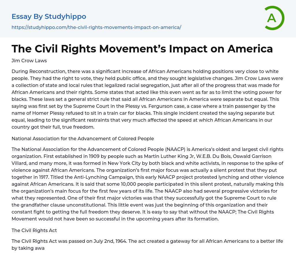The Civil Rights Movement’s Impact on America Essay Example