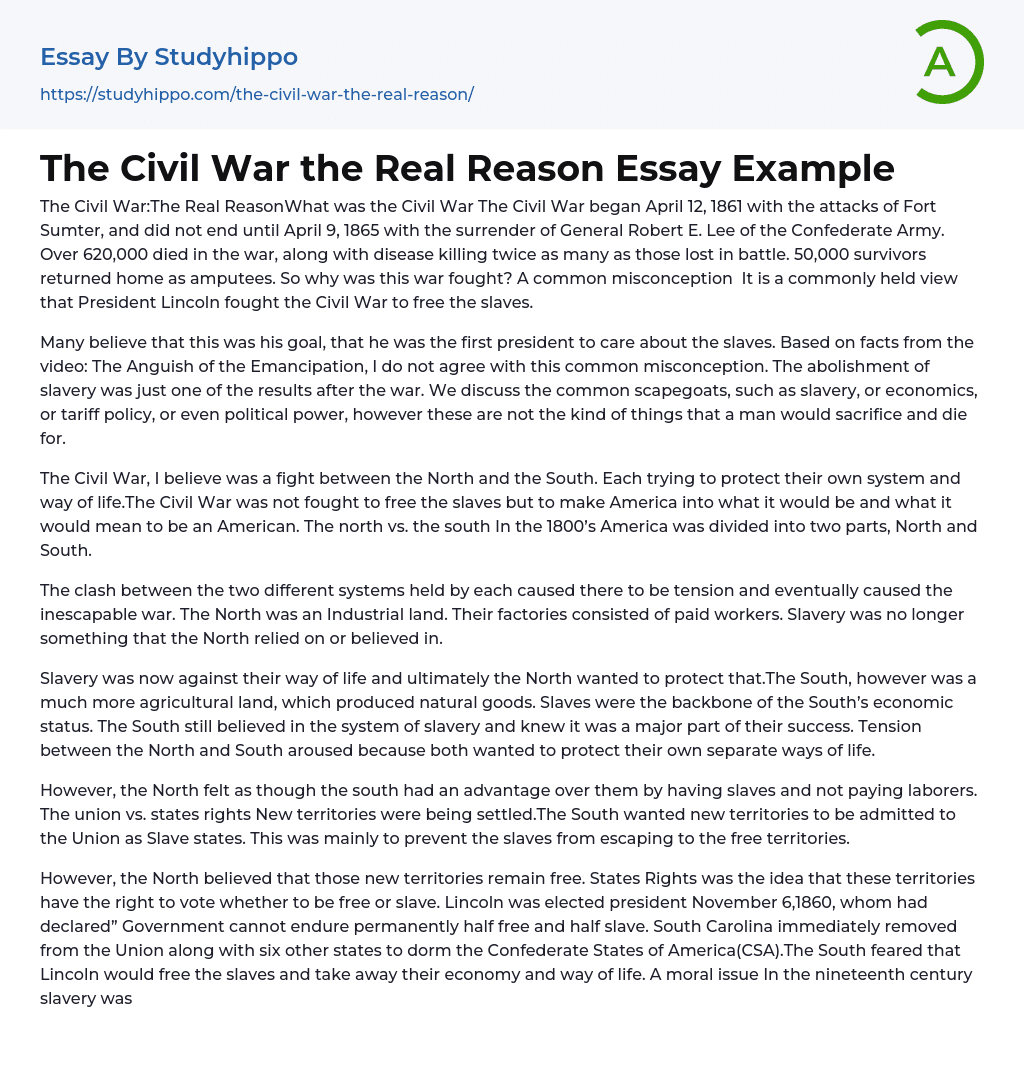 The Civil War the Real Reason Essay Example