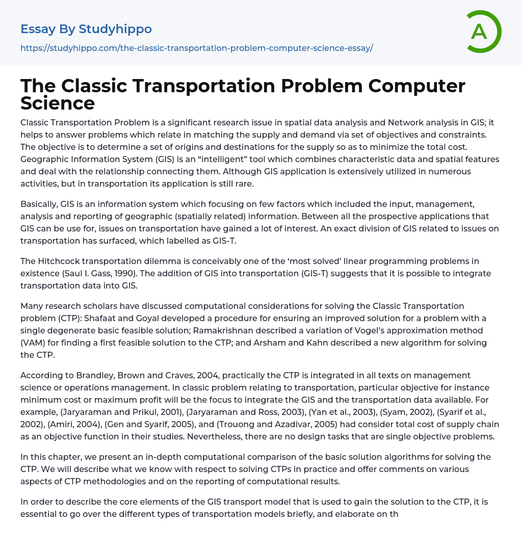 The Classic Transportation Problem Computer Science Essay Example
