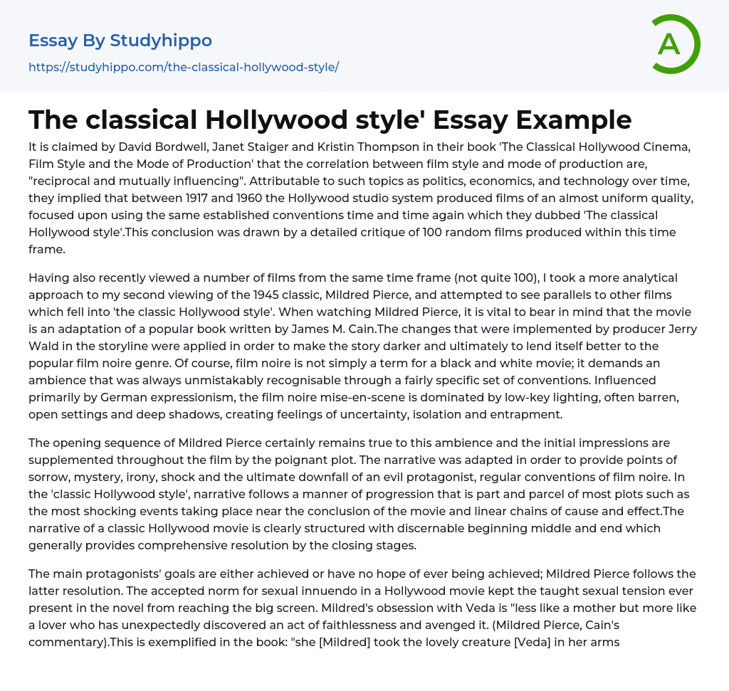 The classical Hollywood style’ Essay Example