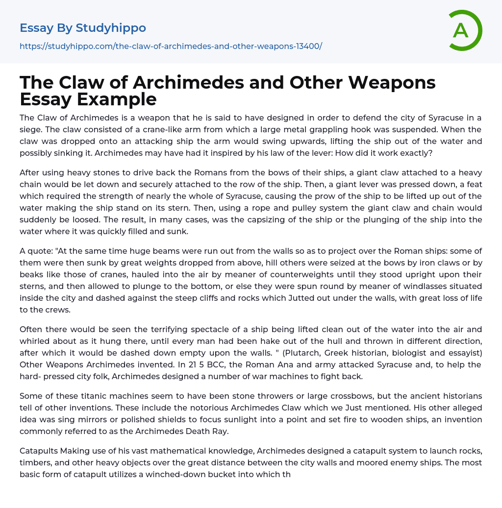 The Claw of Archimedes and Other Weapons Essay Example