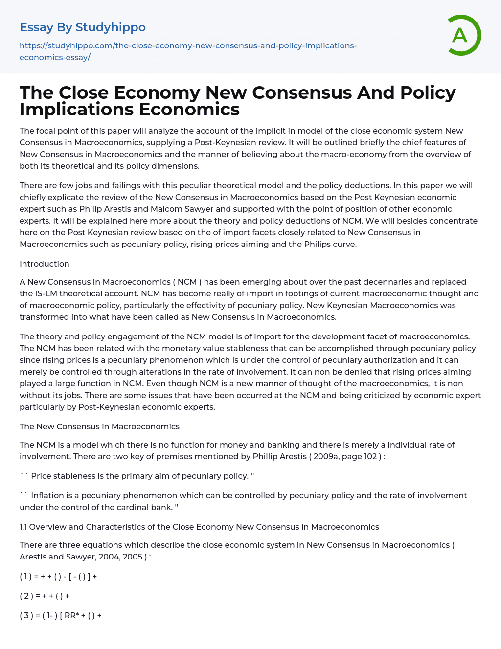 The Close Economy New Consensus And Policy Implications Economics Essay Example