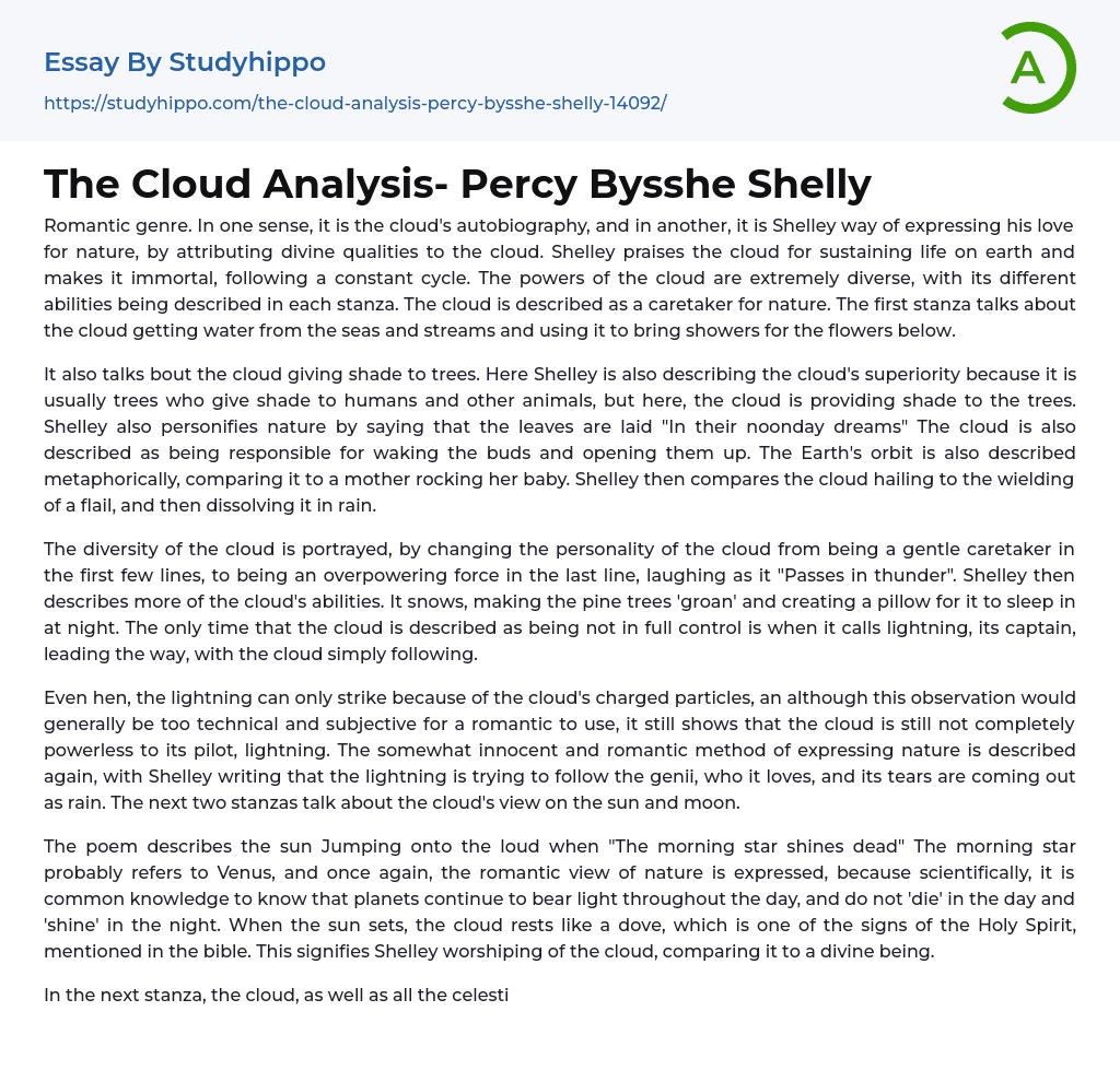 The Cloud Analysis- Percy Bysshe Shelly Essay Example