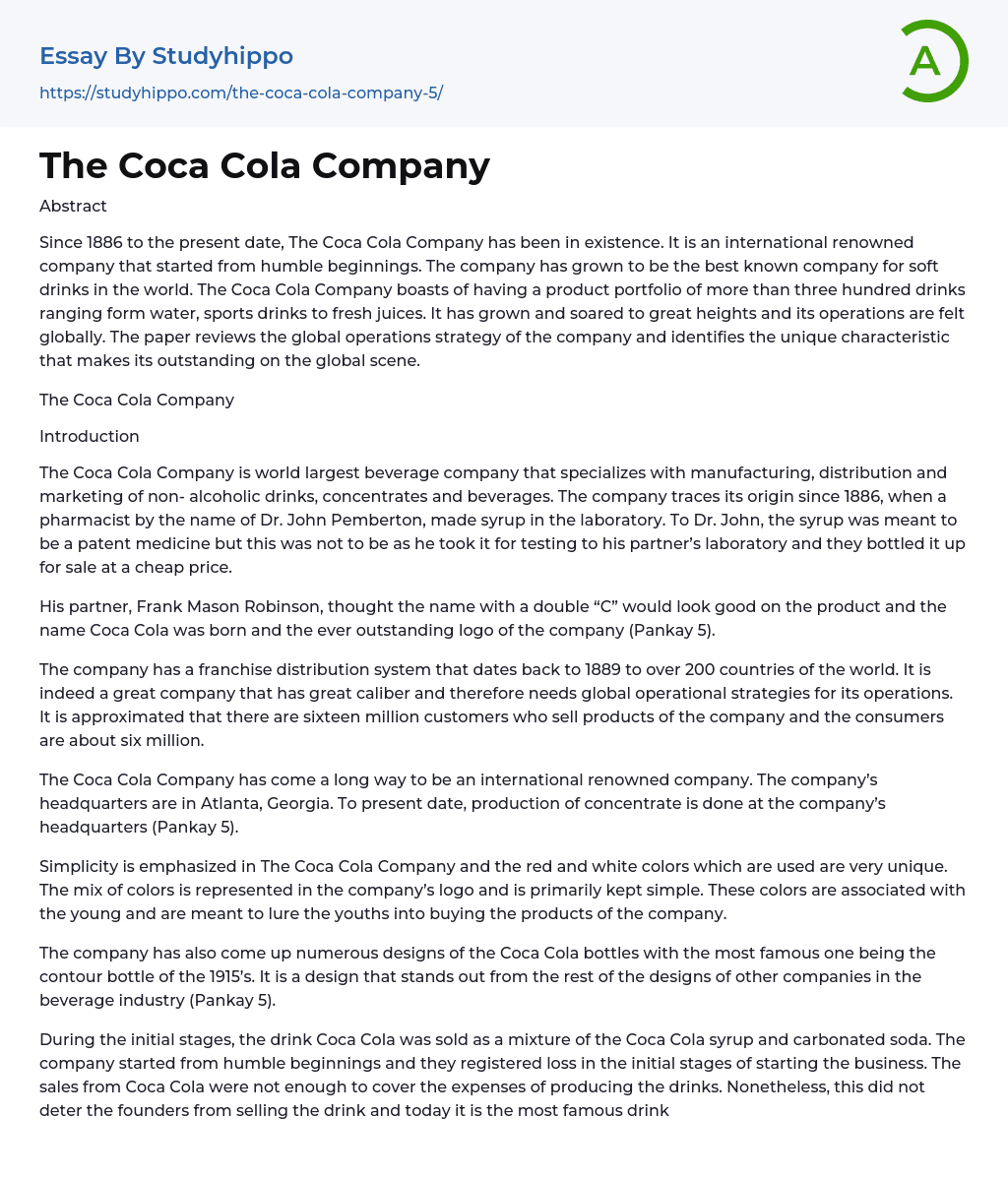 The Coca Cola Company Essay Example