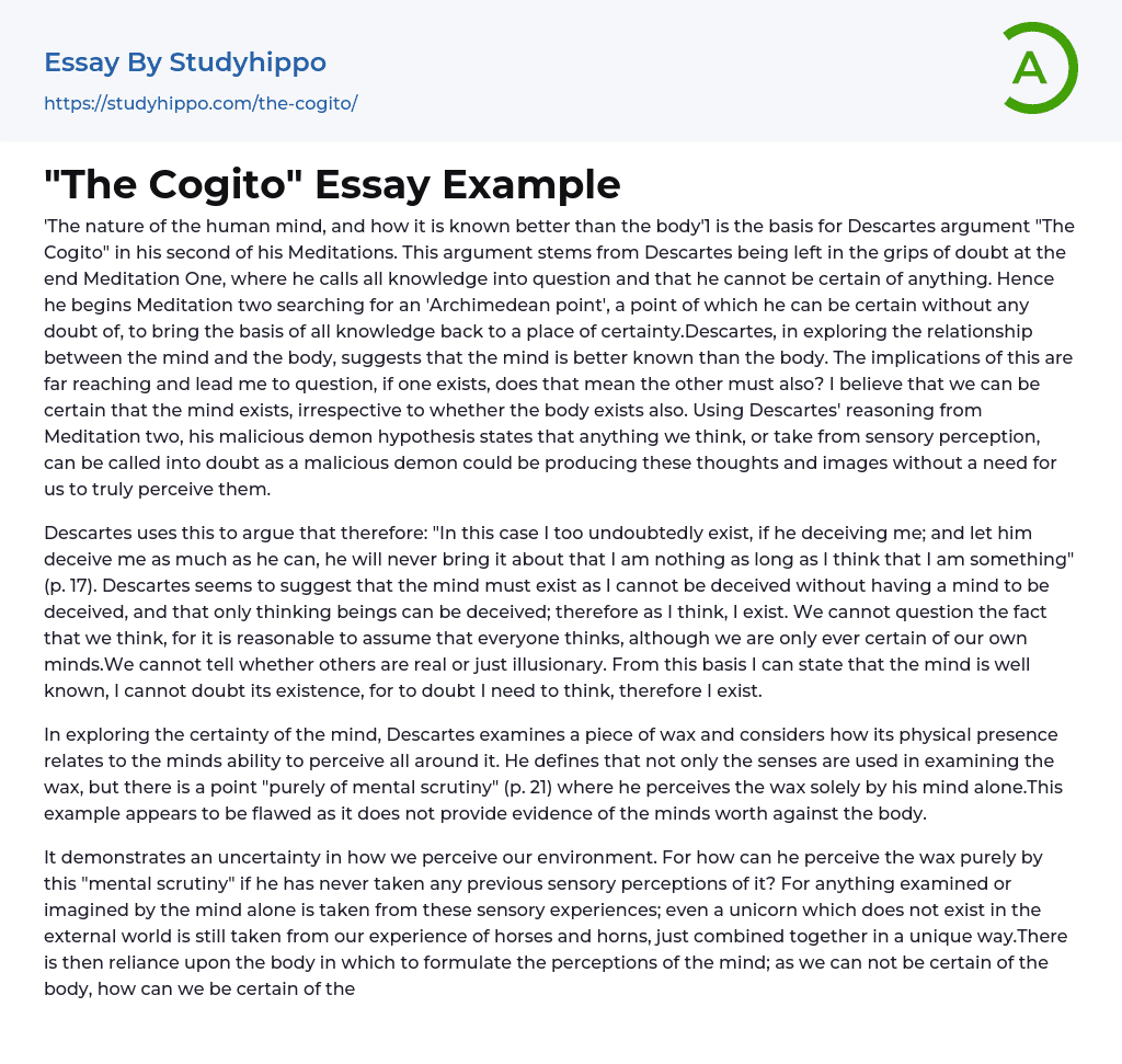 “The Cogito” Essay Example
