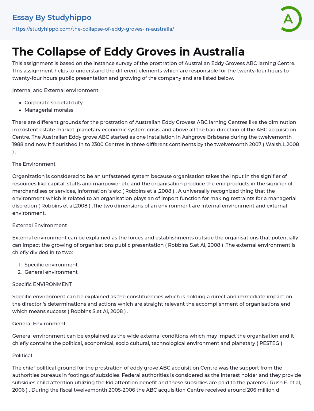 The Collapse of Eddy Groves in Australia Essay Example