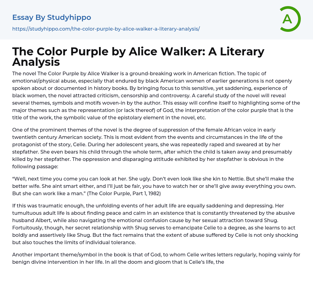 The Color Purple by Alice Walker: A Literary Analysis Essay Example