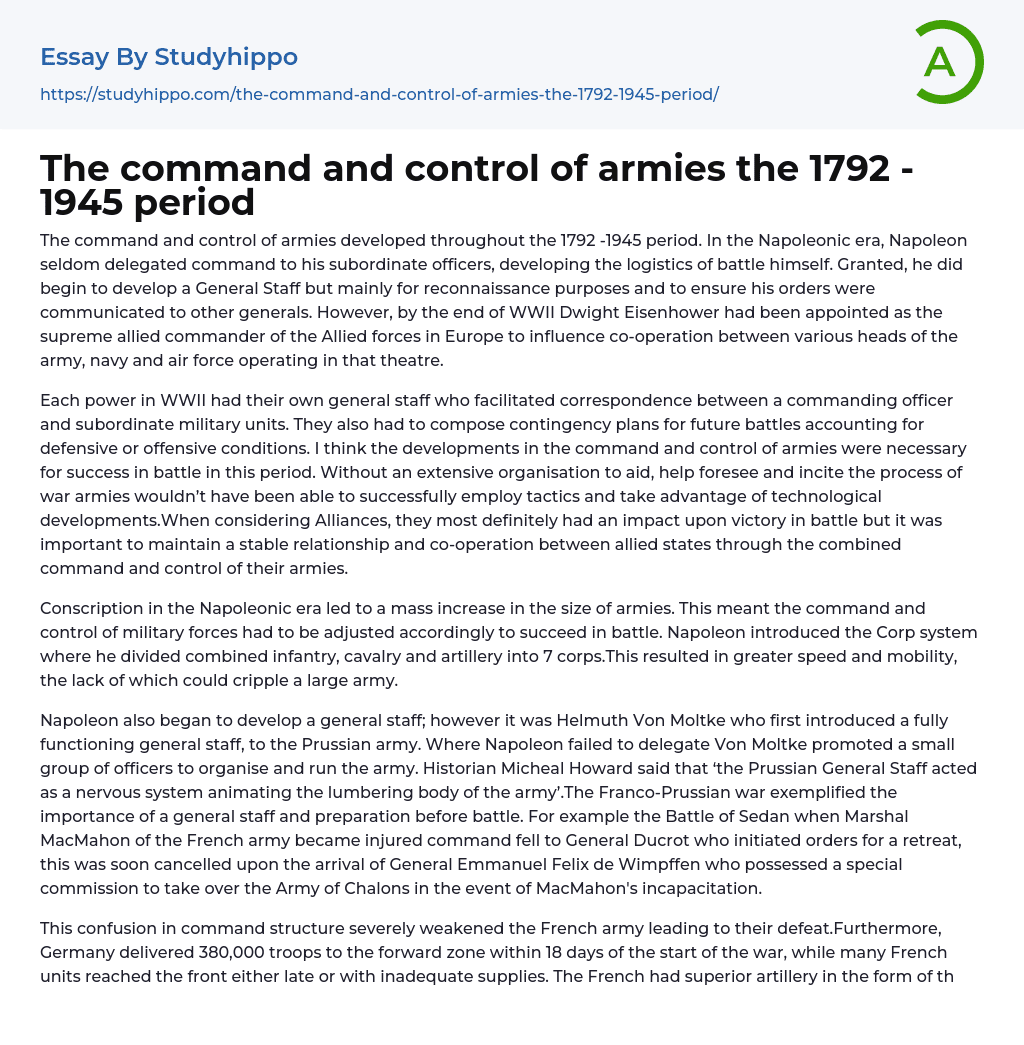 The command and control of armies the 1792 -1945 period Essay Example