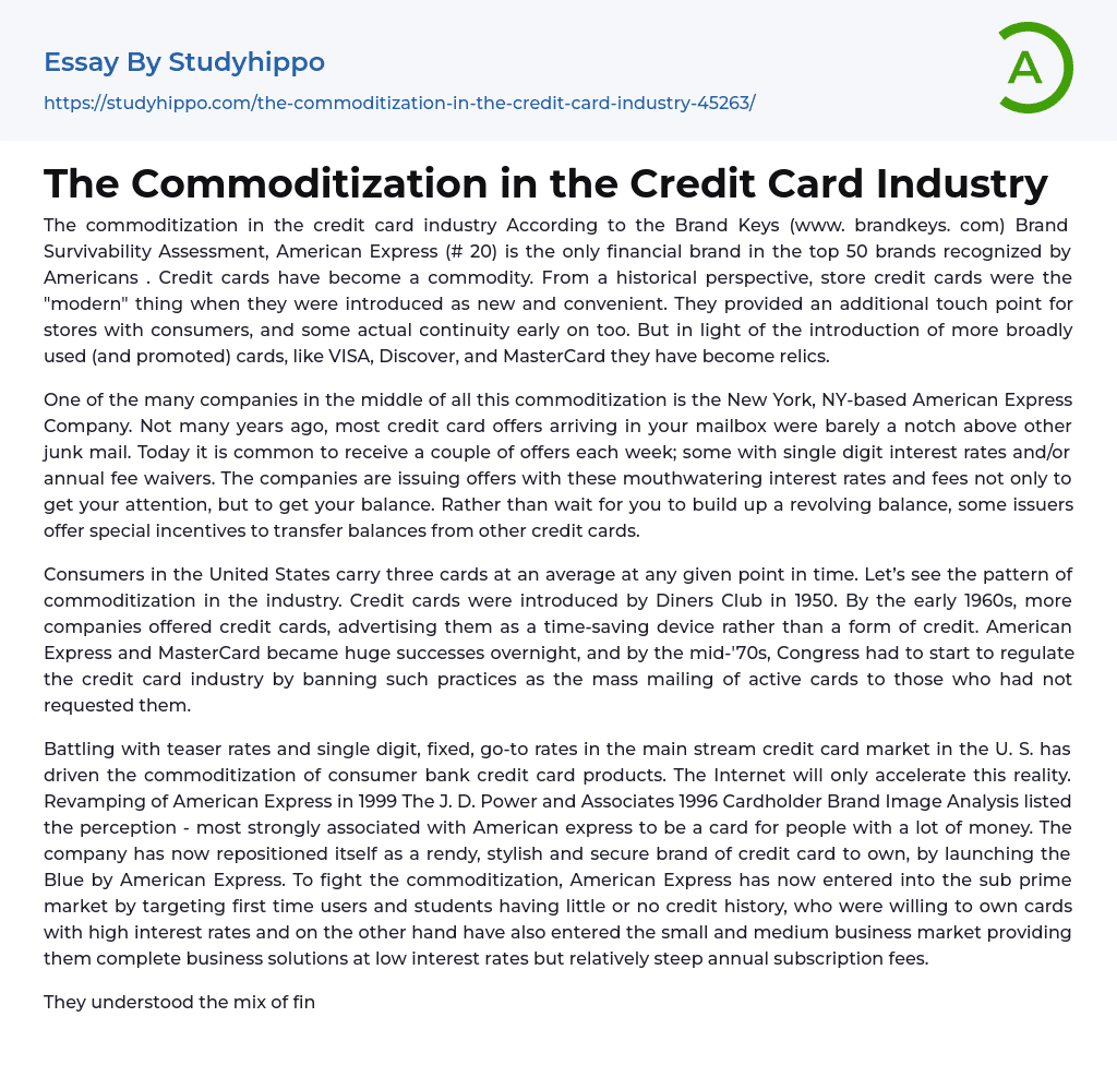 The Commoditization in the Credit Card Industry Essay Example