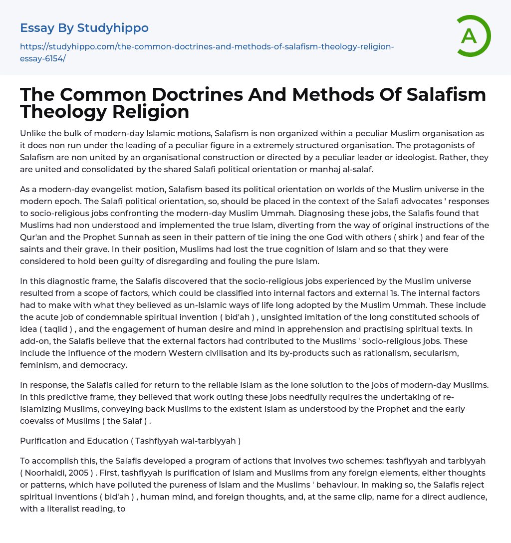 The Common Doctrines And Methods Of Salafism Theology Religion Essay Example