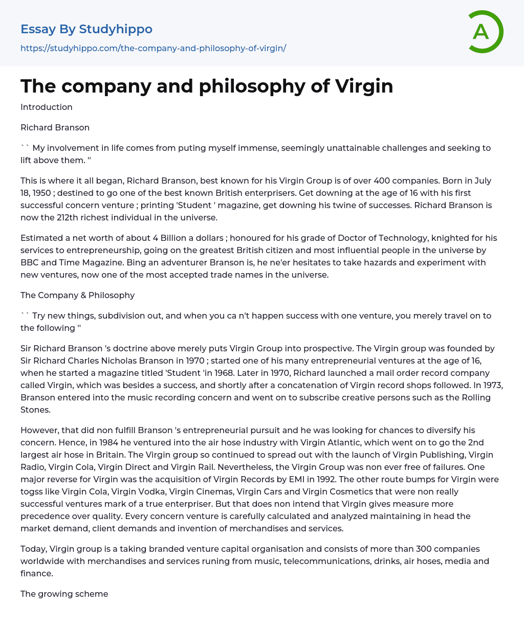 The company and philosophy of Virgin Essay Example