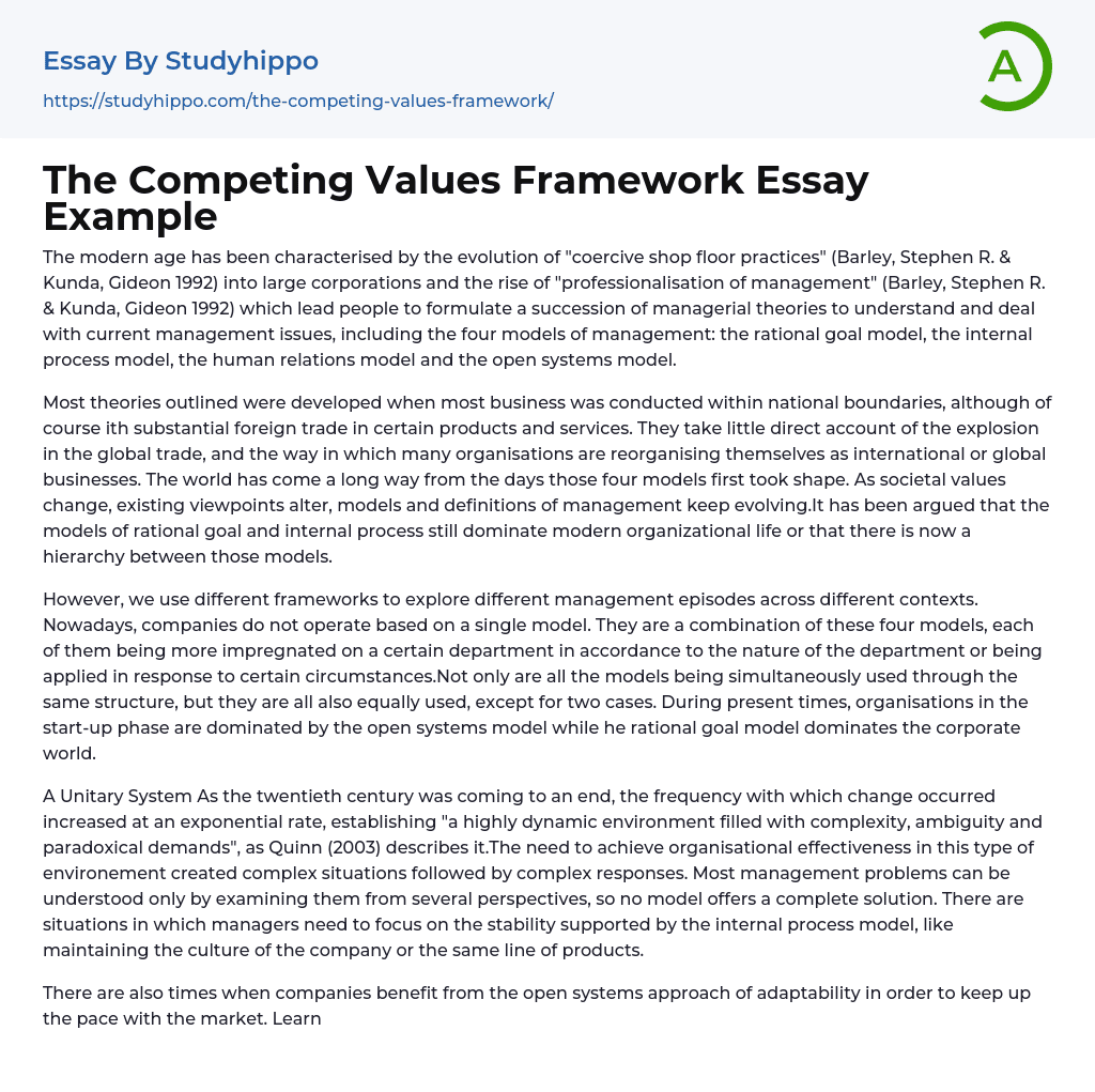 The Competing Values Framework Essay Example