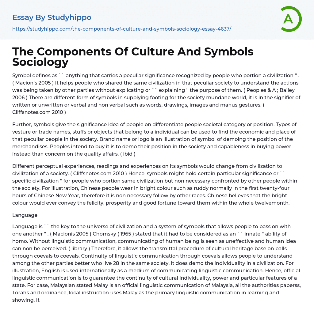 The Components Of Culture And Symbols Sociology Essay Example