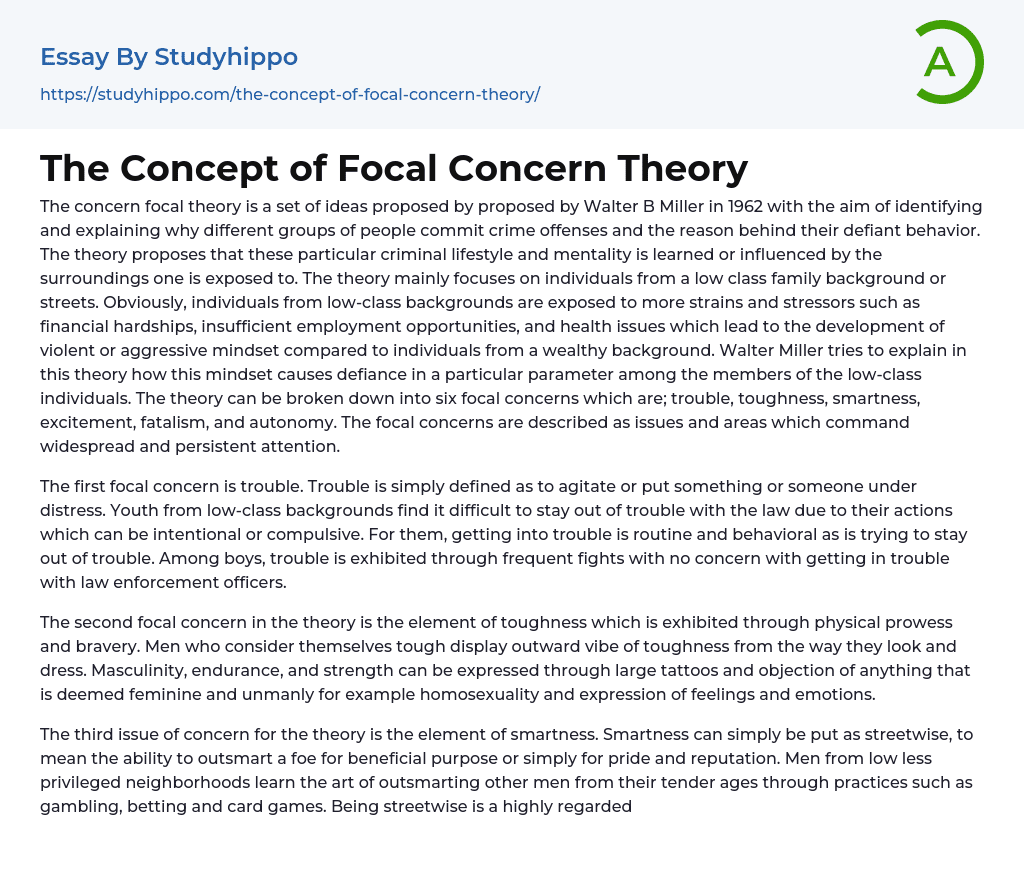 The Concept of Focal Concern Theory Essay Example
