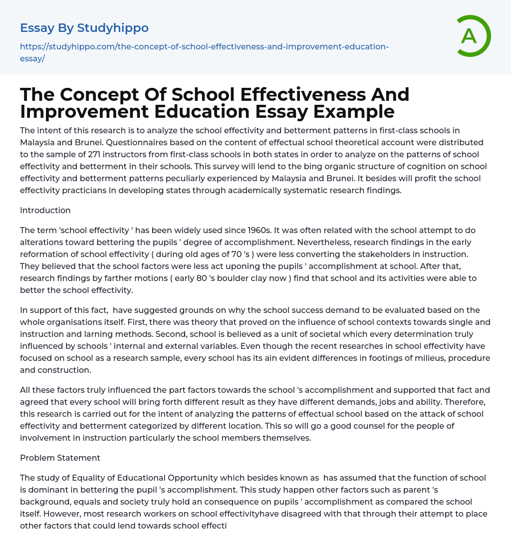 The Concept Of School Effectiveness And Improvement Education Essay Example