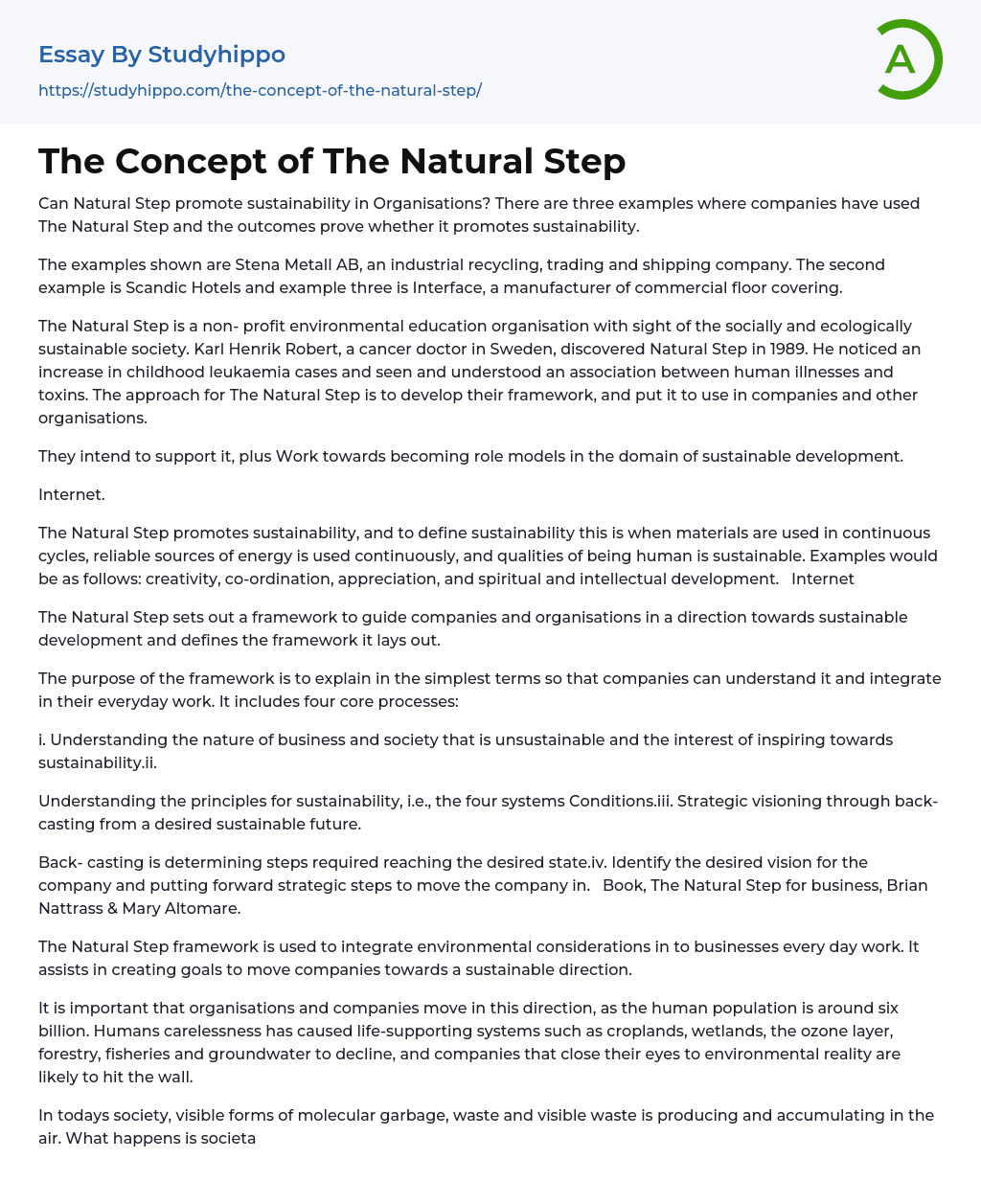 The Concept of The Natural Step Essay Example