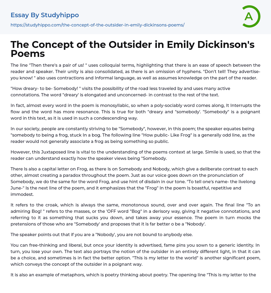 The Concept of the Outsider in Emily Dickinson’s Poems Essay Example