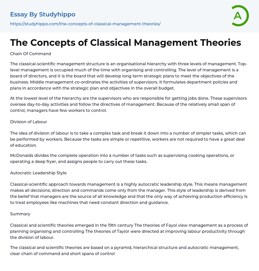 The Concepts of Classical Management Theories Essay Example
