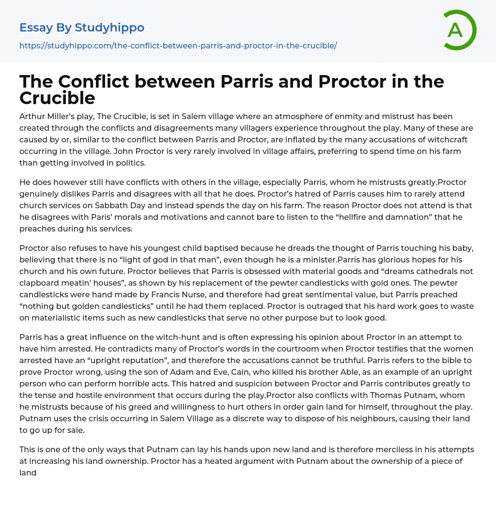 The Conflict between Parris and Proctor in the Crucible Essay Example