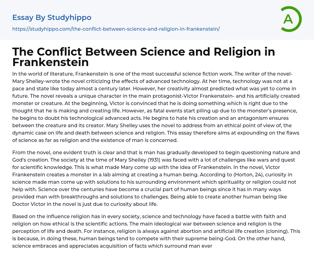 The Conflict Between Science and Religion in Frankenstein Essay Example