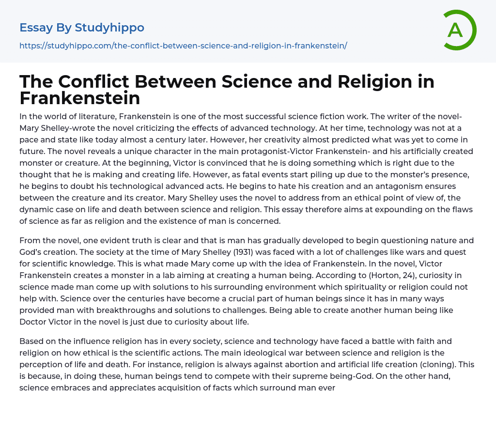 The Conflict Between Science And Religion In Frankenstein Essay Example 