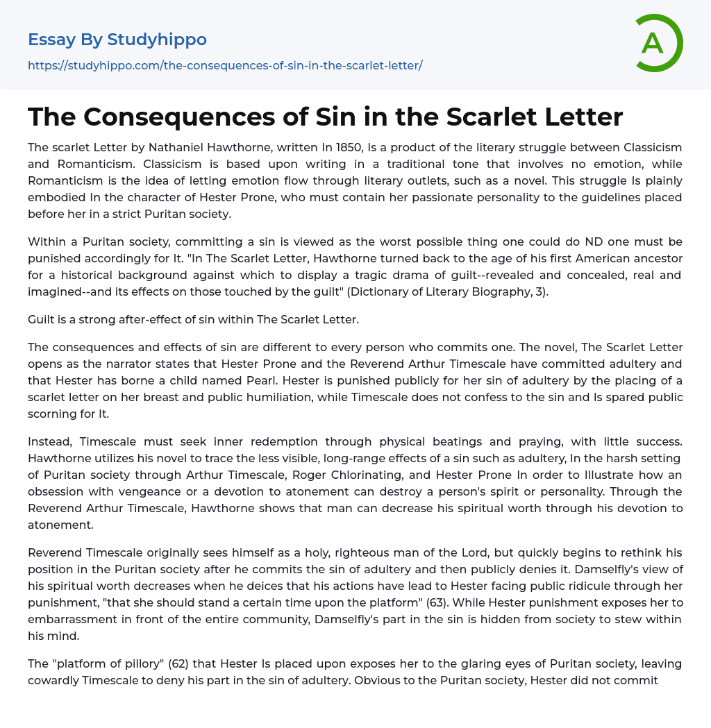 The Consequences of Sin in the Scarlet Letter Essay Example