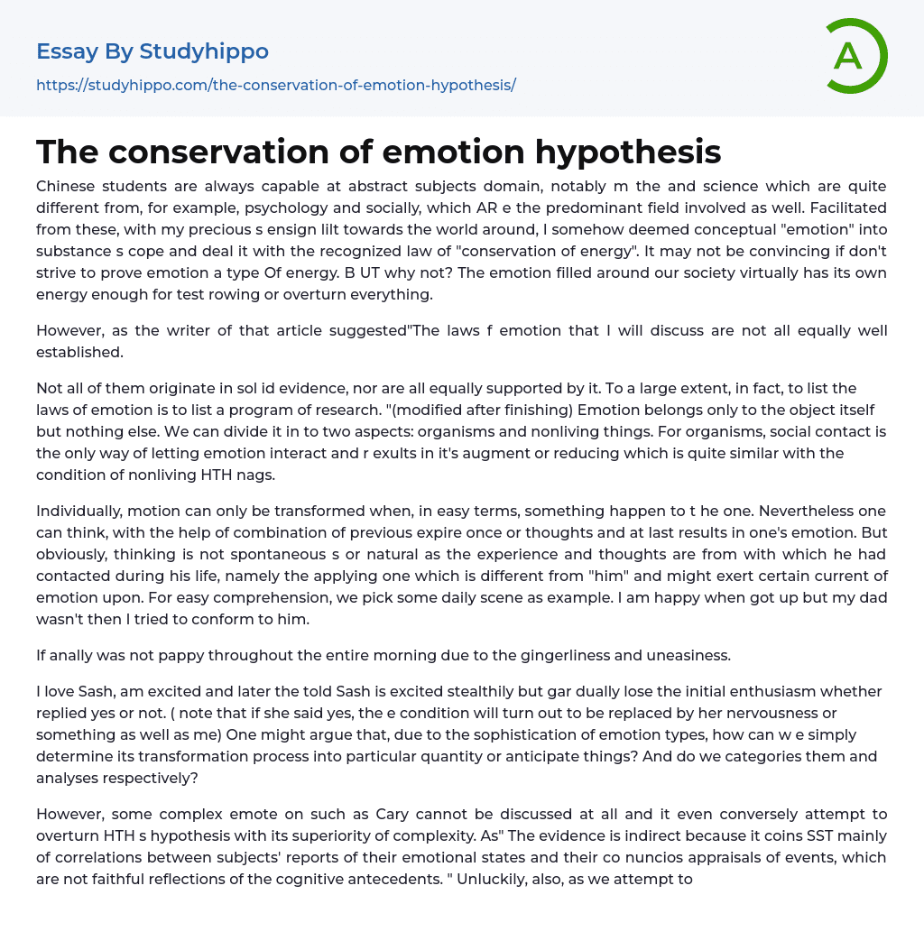 The conservation of emotion hypothesis Essay Example