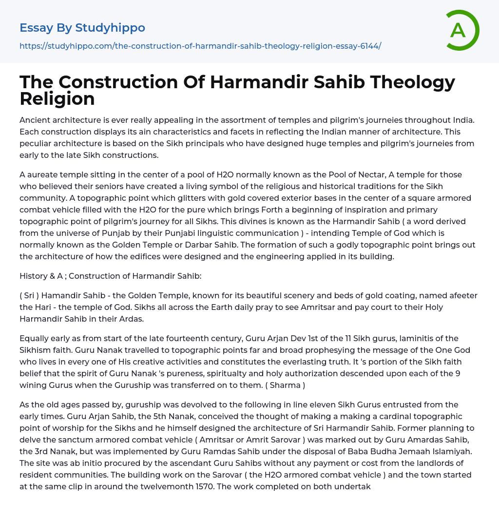 The Construction Of Harmandir Sahib Theology Religion Essay Example