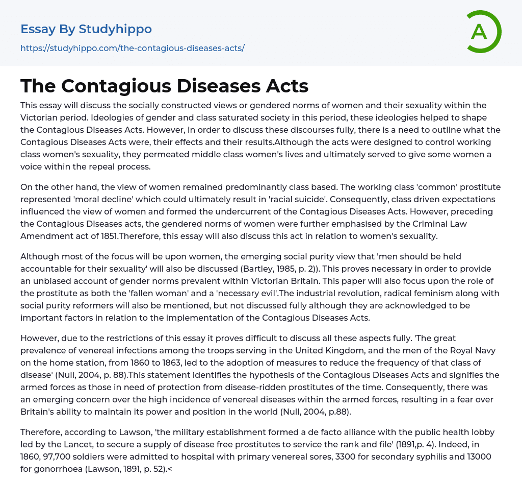 The Contagious Diseases Acts Essay Example