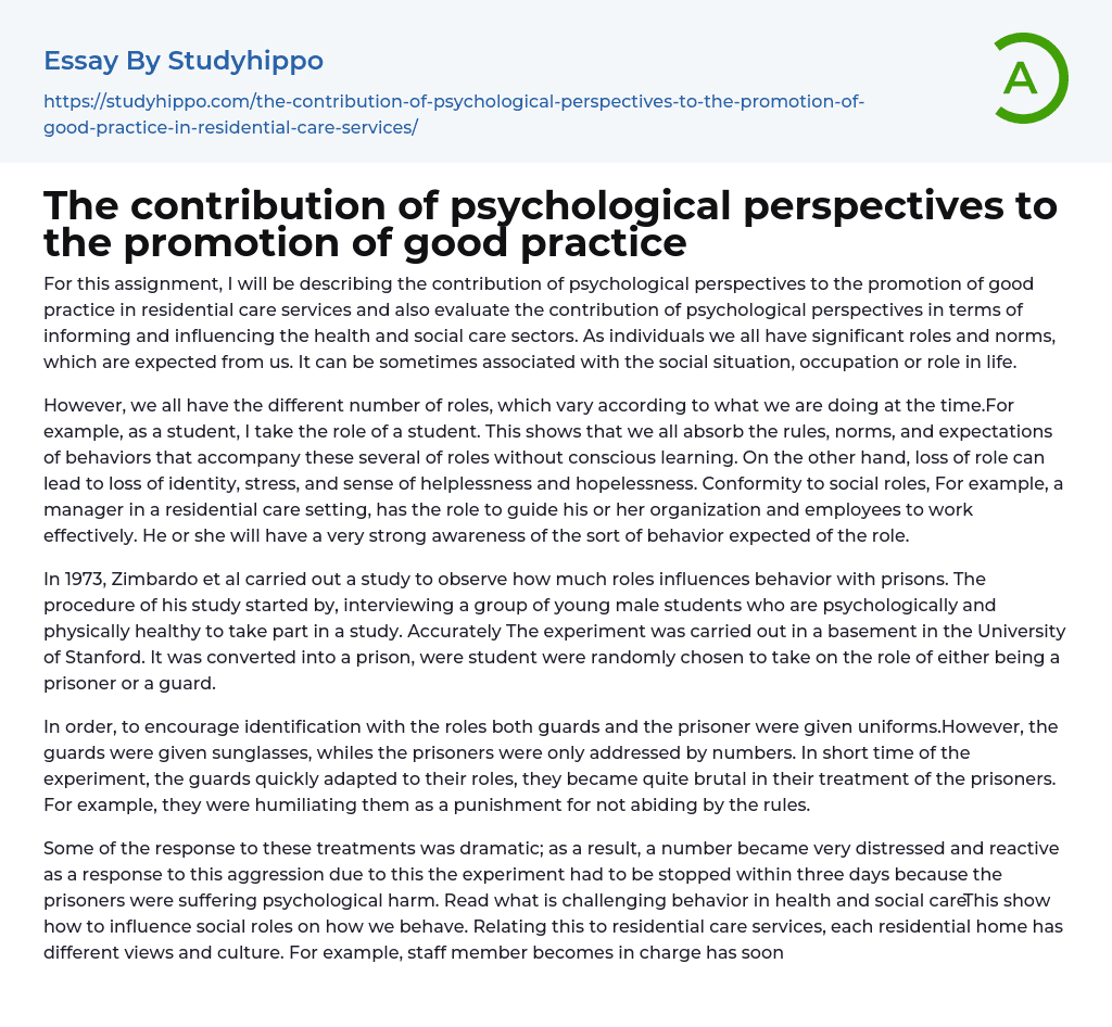 The contribution of psychological perspectives to the promotion of good practice Essay Example