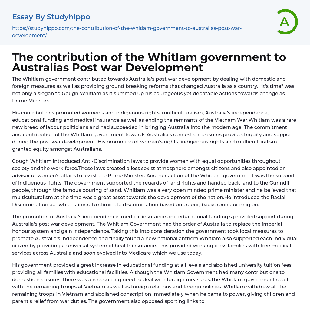 The contribution of the Whitlam government to Australias Post war Development Essay Example