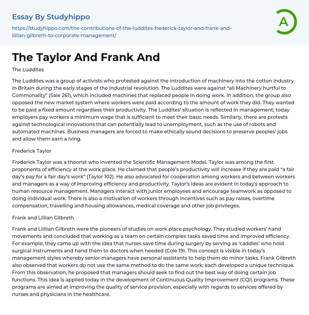 The Taylor And Frank And Essay Example