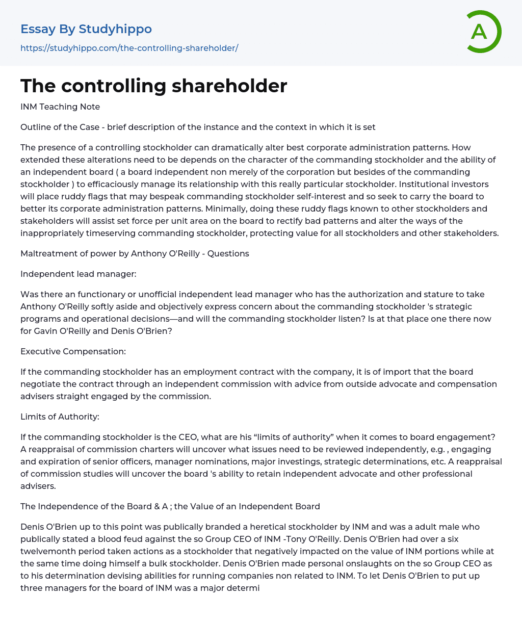 The controlling shareholder Essay Example