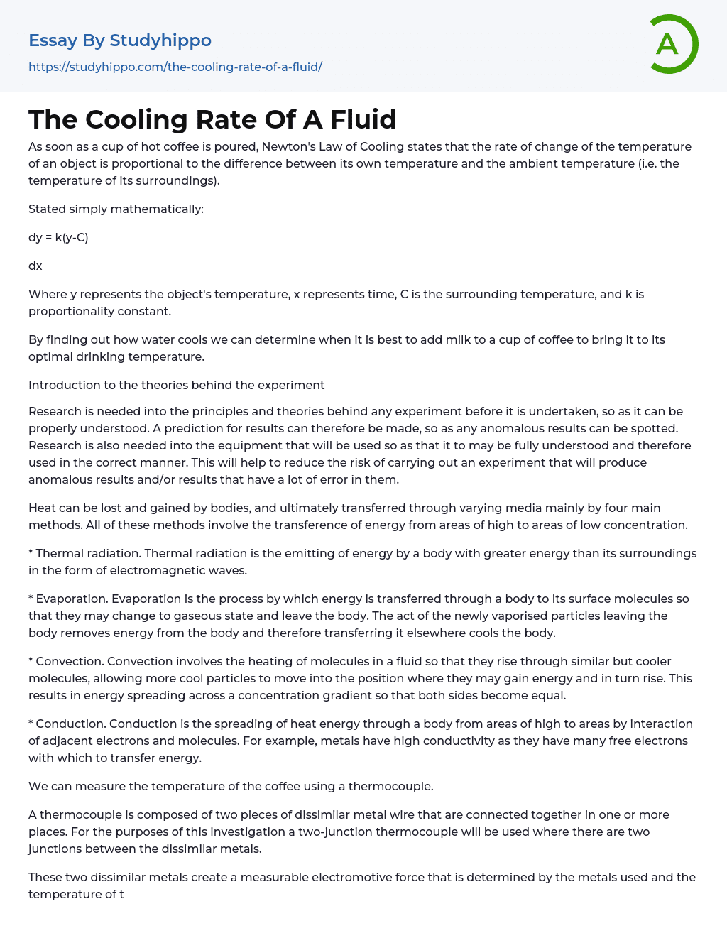 The Cooling Rate Of A Fluid Essay Example