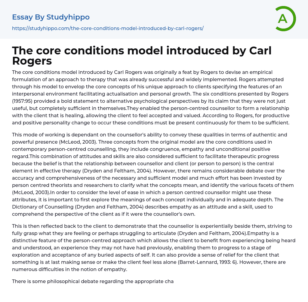 The core conditions model introduced by Carl Rogers Essay Example