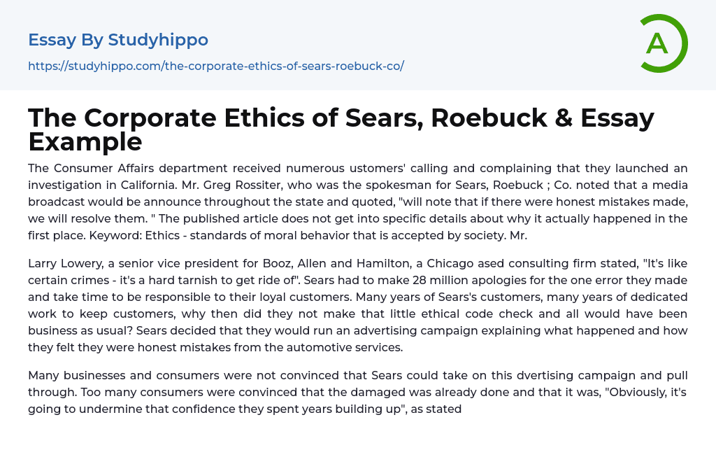The Corporate Ethics of Sears, Roebuck &amp Essay Example
