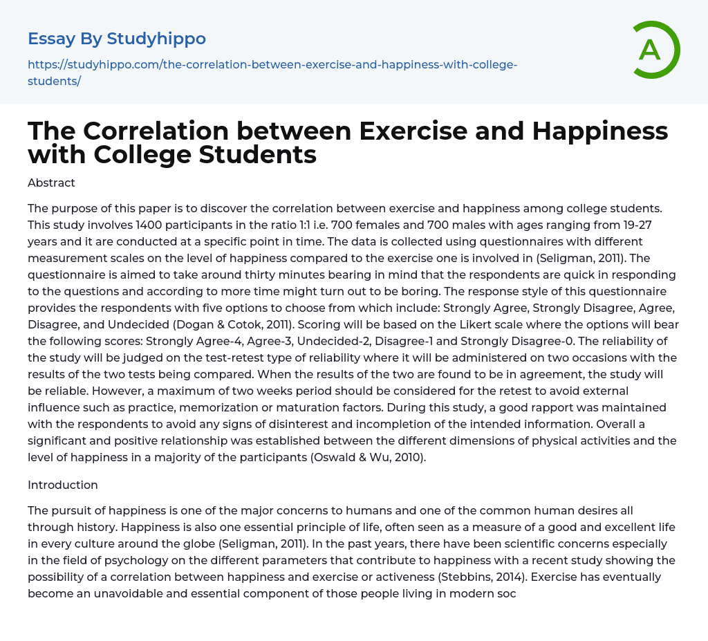 The Correlation between Exercise and Happiness with College Students Essay Example