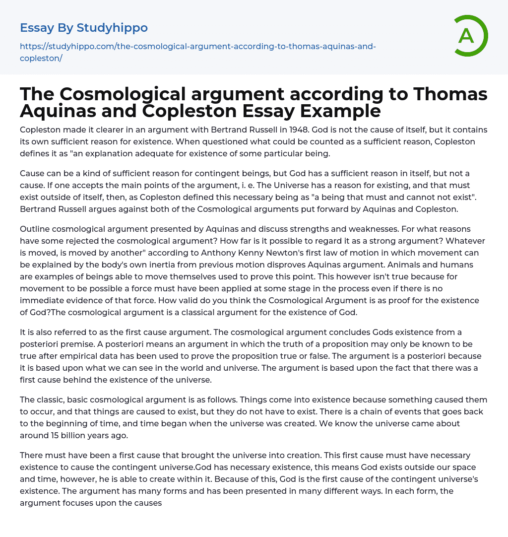 The Cosmological argument according to Thomas Aquinas and Copleston Essay Example