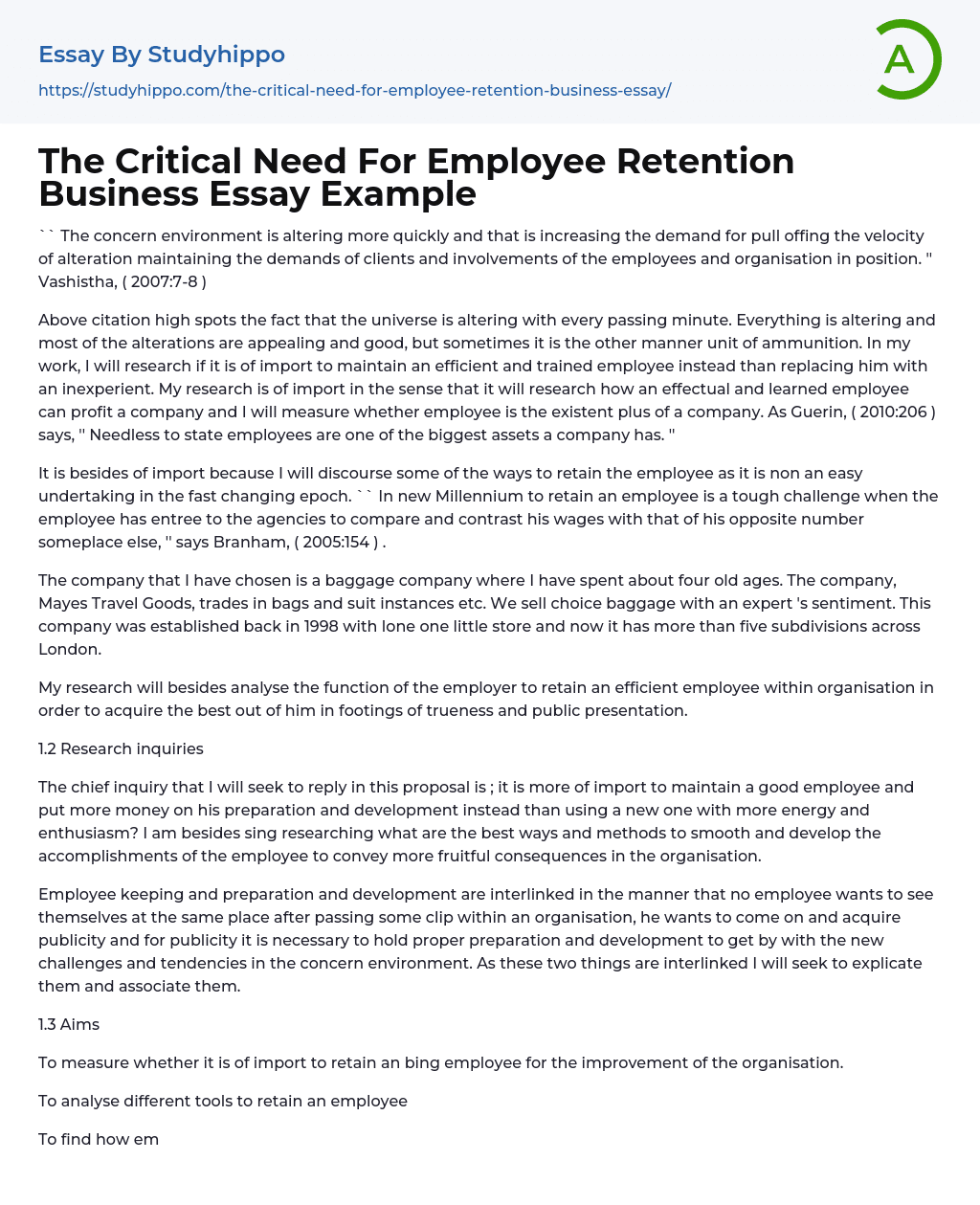 The Critical Need For Employee Retention Business Essay Example
