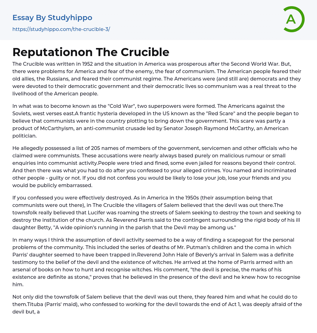 Reputationon The Crucible Essay Example