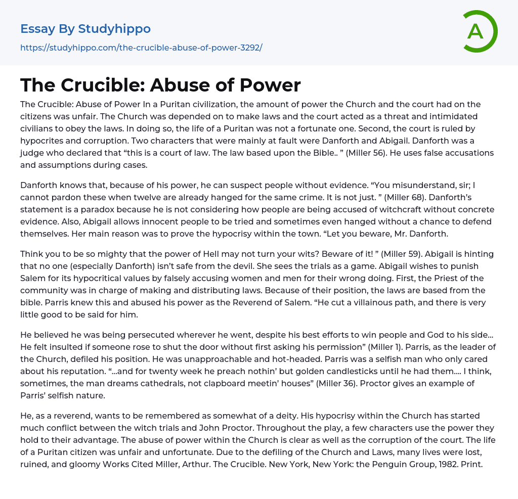 The Crucible: Abuse of Power Essay Example