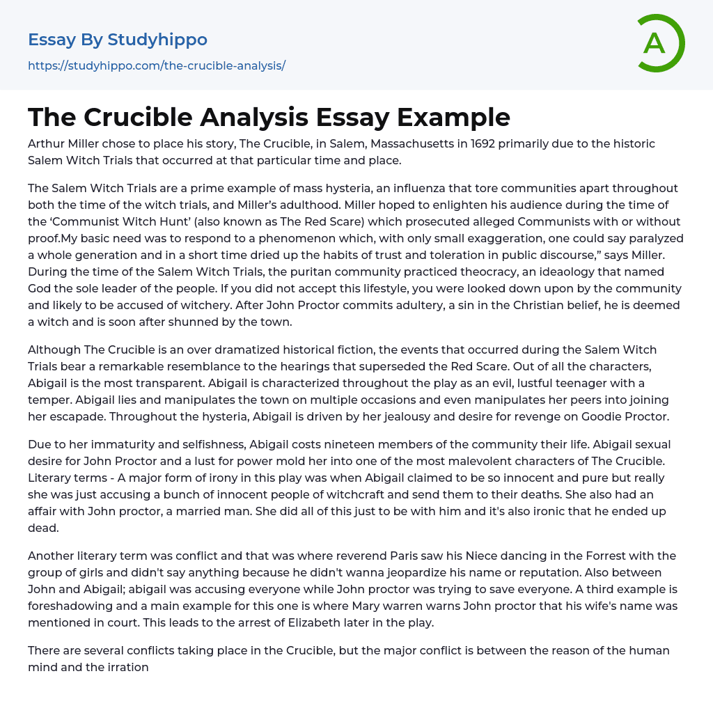 The Crucible Analysis Essay Example