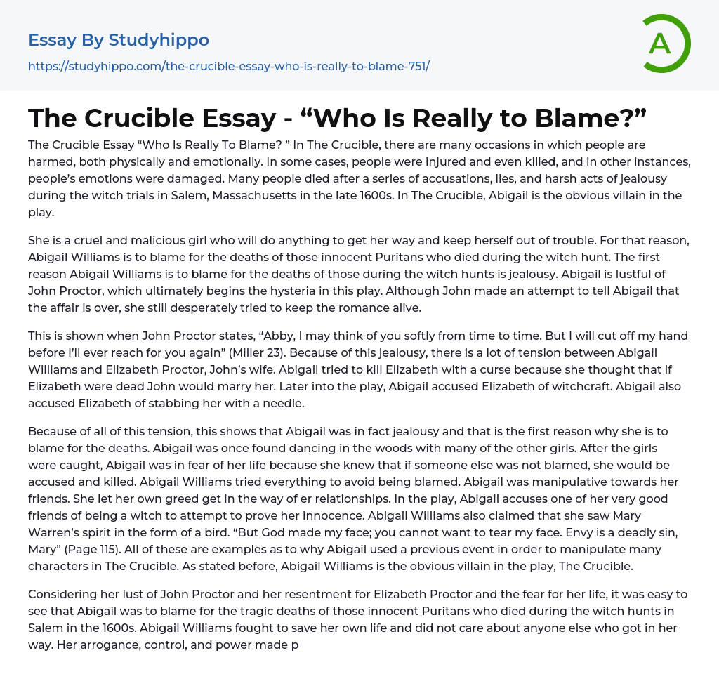 The Crucible Essay – “Who Is Really to Blame?”