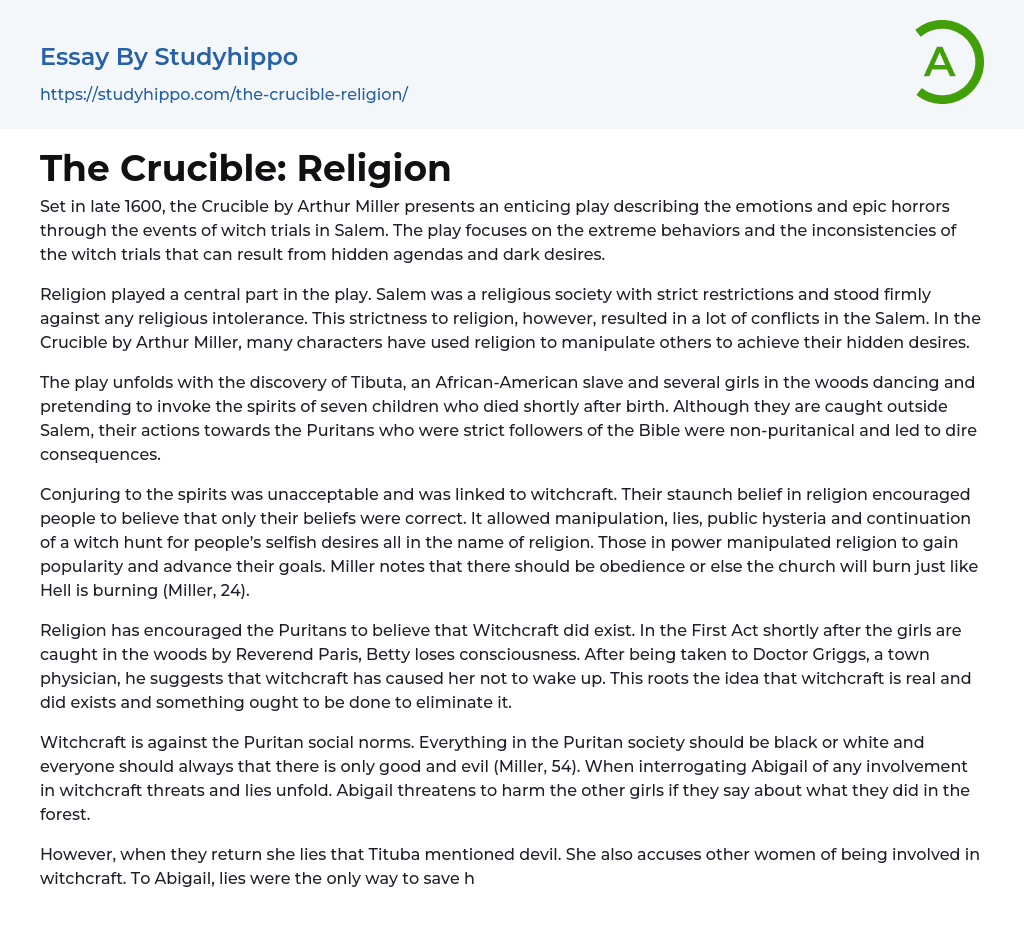 The Crucible: Religion Essay Example
