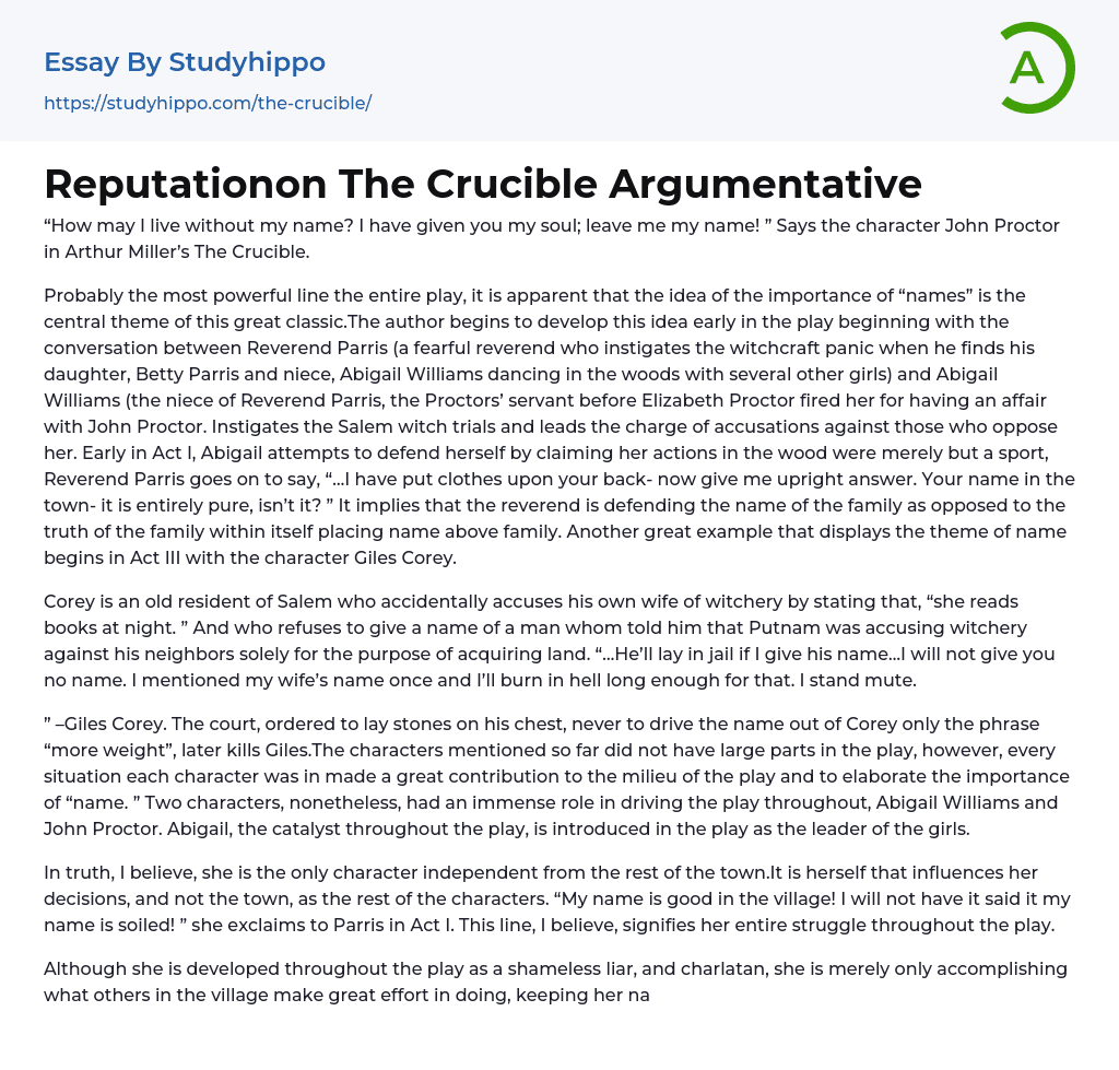 Reputationon The Crucible Argumentative Essay Example