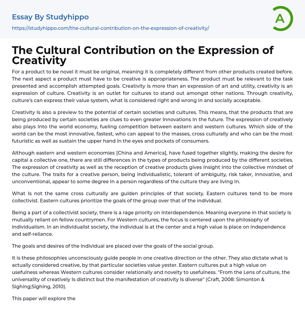 The Cultural Contribution on the Expression of Creativity Essay Example