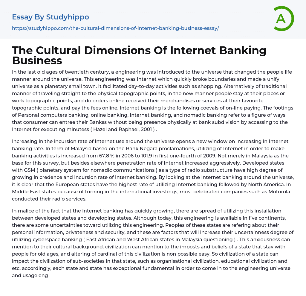 The Cultural Dimensions Of Internet Banking Business Essay Example