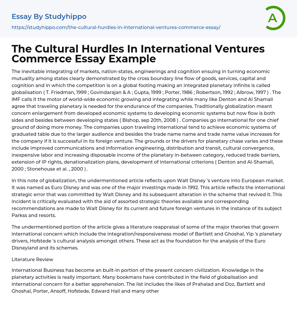 The Cultural Hurdles In International Ventures Commerce Essay Example