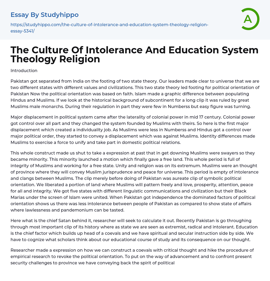 The Culture Of Intolerance And Education System Theology Religion Essay Example