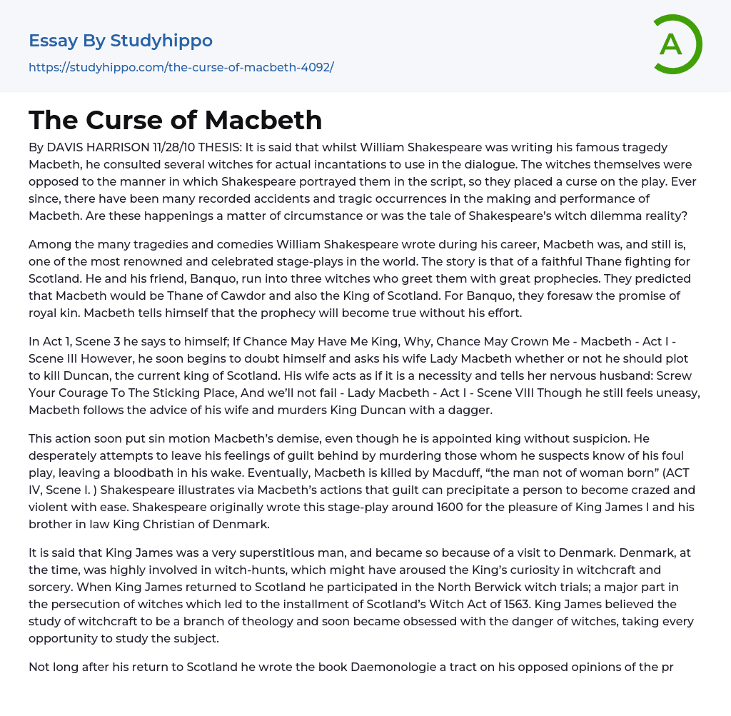 The Curse of Macbeth Essay Example